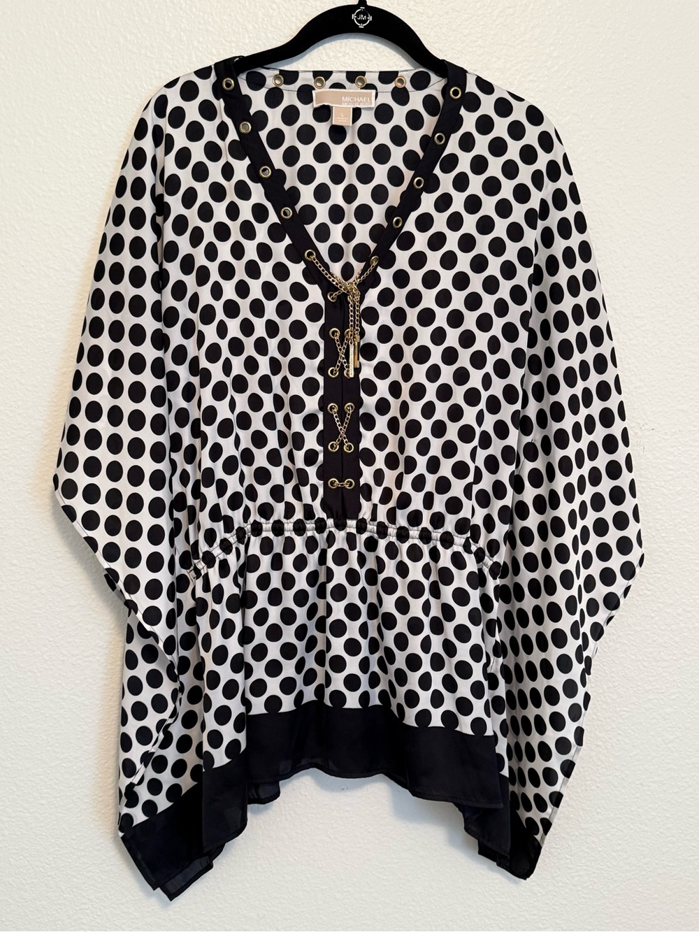 Michael Kors Black & White Polka Dot V-Neck Tunic with Gold Accents Size Large - Picture 2 of 9